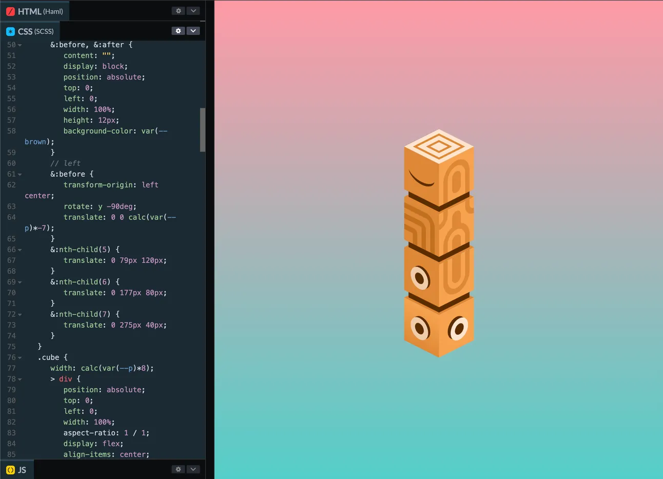 A screenshot of a CodePen pen with CSS showing on the left side and the result on the left side, an incomplete CSS version of the Boatem character from the Monument Valley III game by ustwo games.