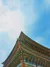 Close-up of the ornate underside of a corner roof at Gyeongbokgung Palace, showing detailed painted wooden carvings and decorative patterns.