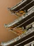 A close-up view of the intricate wooden joinery beneath Yasaka Pagoda’s roof, softly illuminated by warm light from within at night.