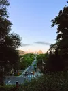 The view at sunset from the Baldwin Steps overlooking the street below and the cityscape of Toronto beyond.