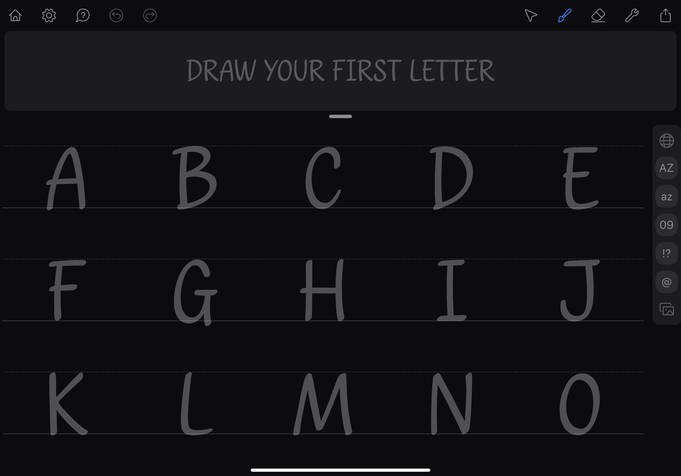 The handwriting template provided in the Fontself app, showing the alphabet in grayed out letters.
