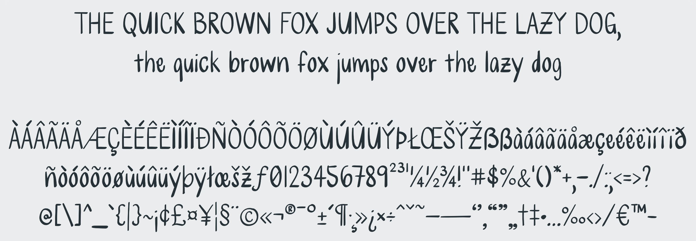 A sample of my handwriting as a font, including the pangram “The quick brown fox jumps over the lazy dog” in both uppercase and lowercase letters, as well as Latin characters and symbols.