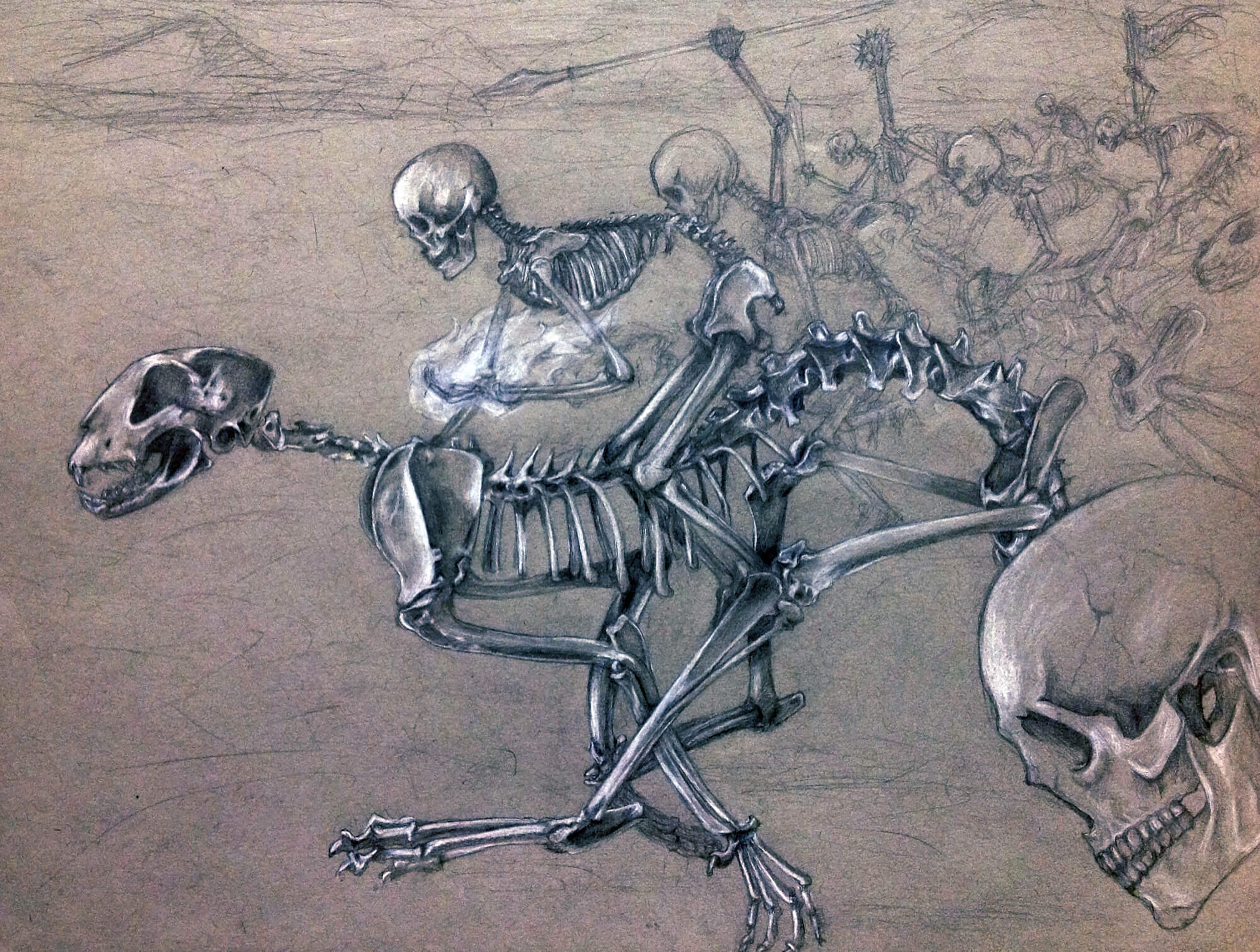 A fantasy-inspired traditional sketch of human skeletons with magical fire in their hands riding on large cheetah skeletons.