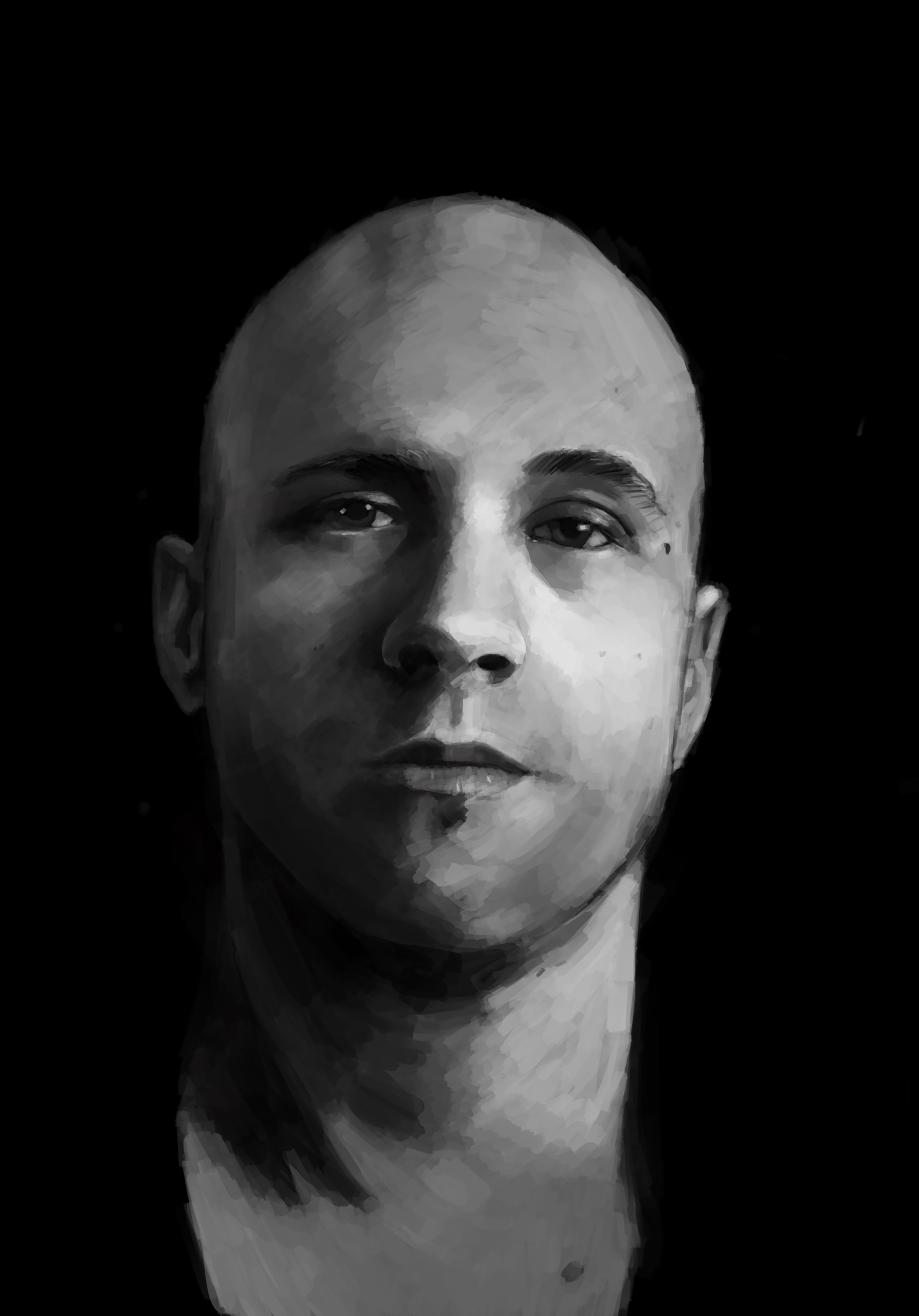 A monochrome black and white digital portrait of a friend.