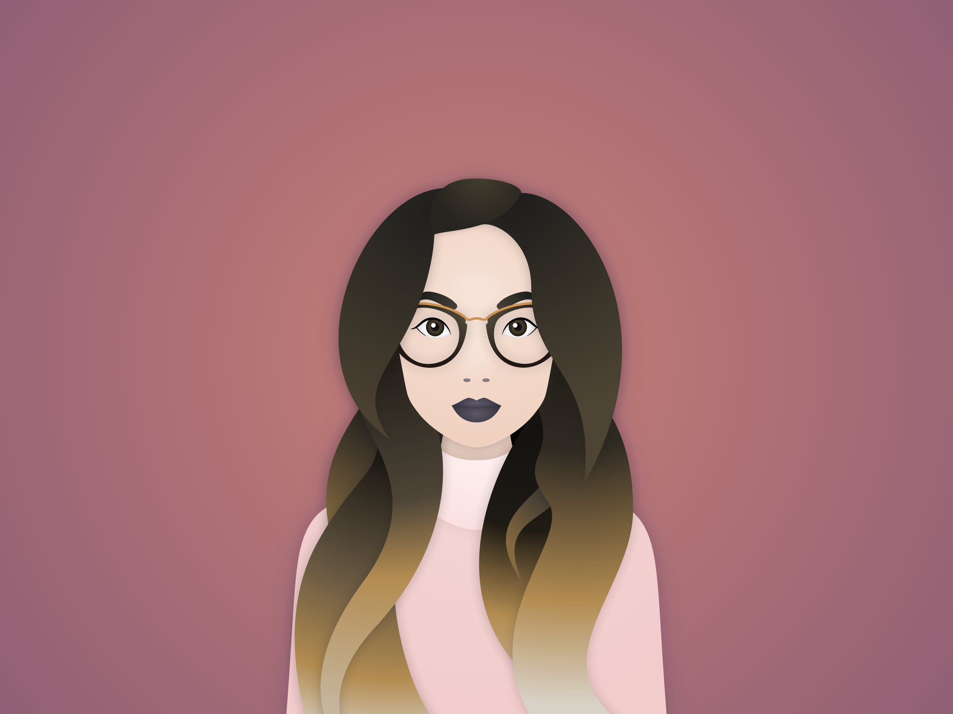 Self-portrait done with vector art, where I’m wearing a pink turtleneck and purple lipstick.