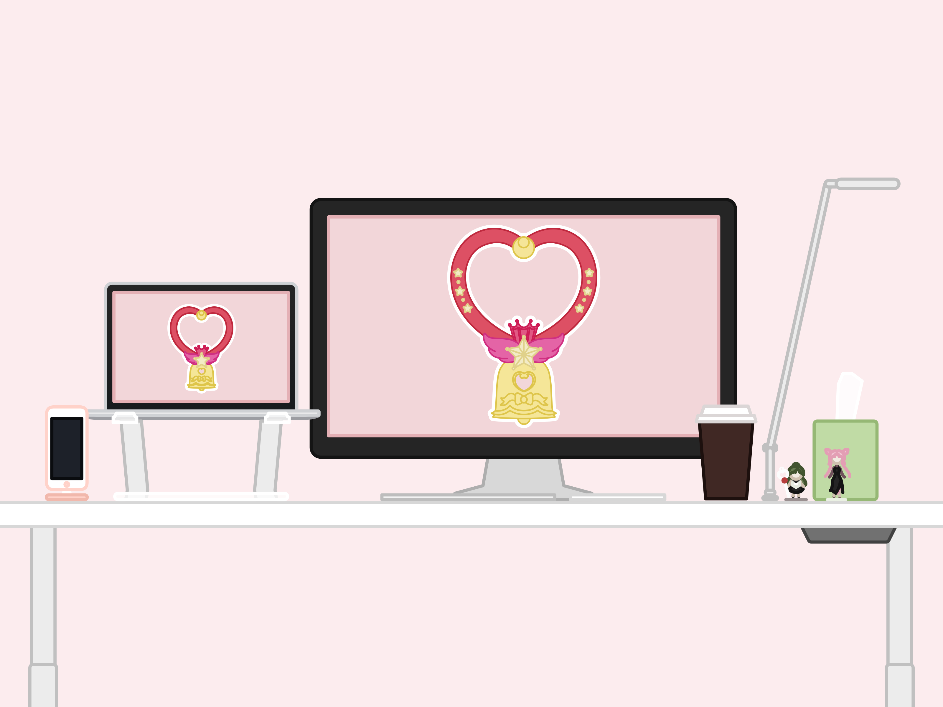 Vector art of my desk setup. From left to right - phone on phone stand, laptop, monitor, takeout coffee, lamp, Sailor Moon figurines, tissue box.