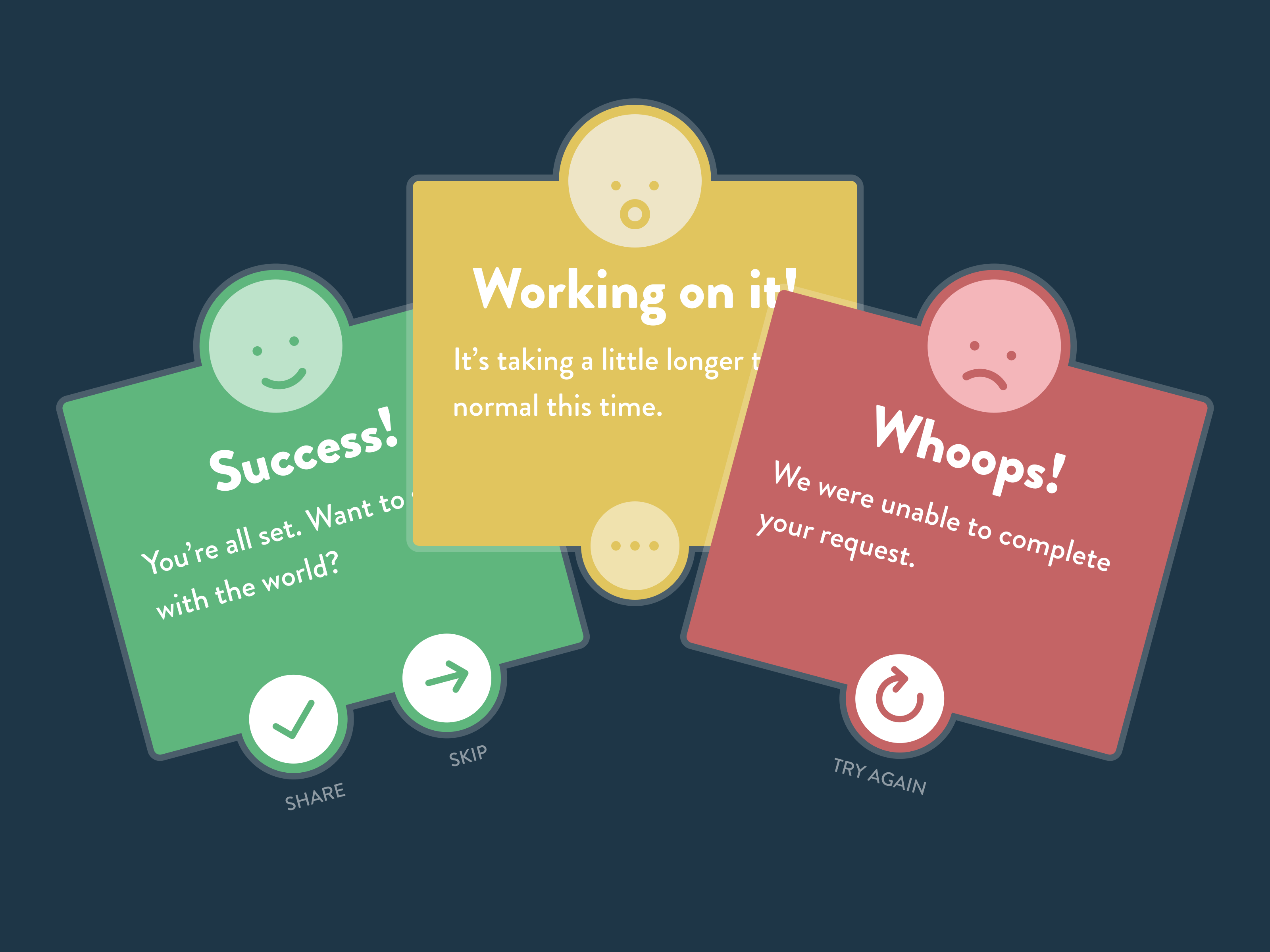 Mockup of flash messages for success, loading, and error dialogs.