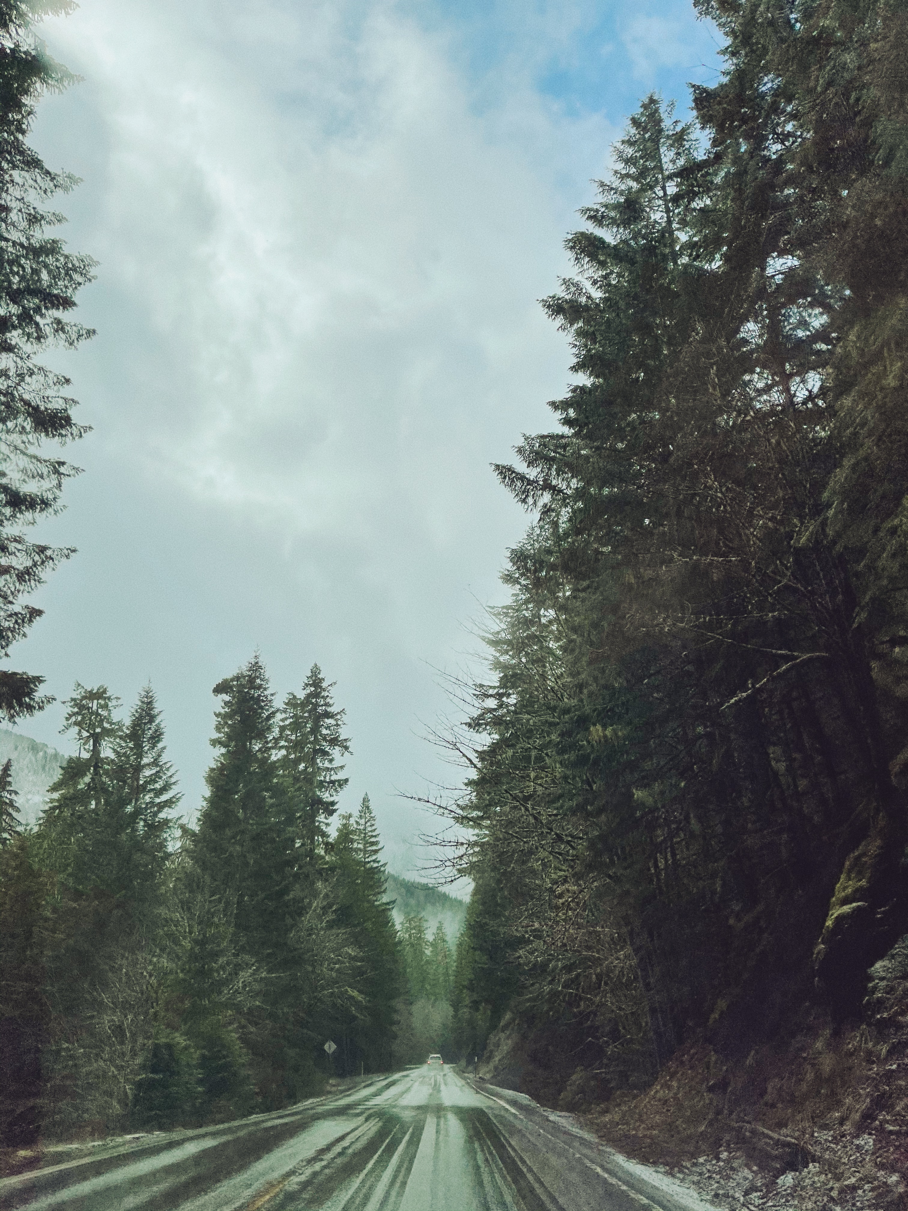 A snow-covered road in Willamette National Forest in Oregon.