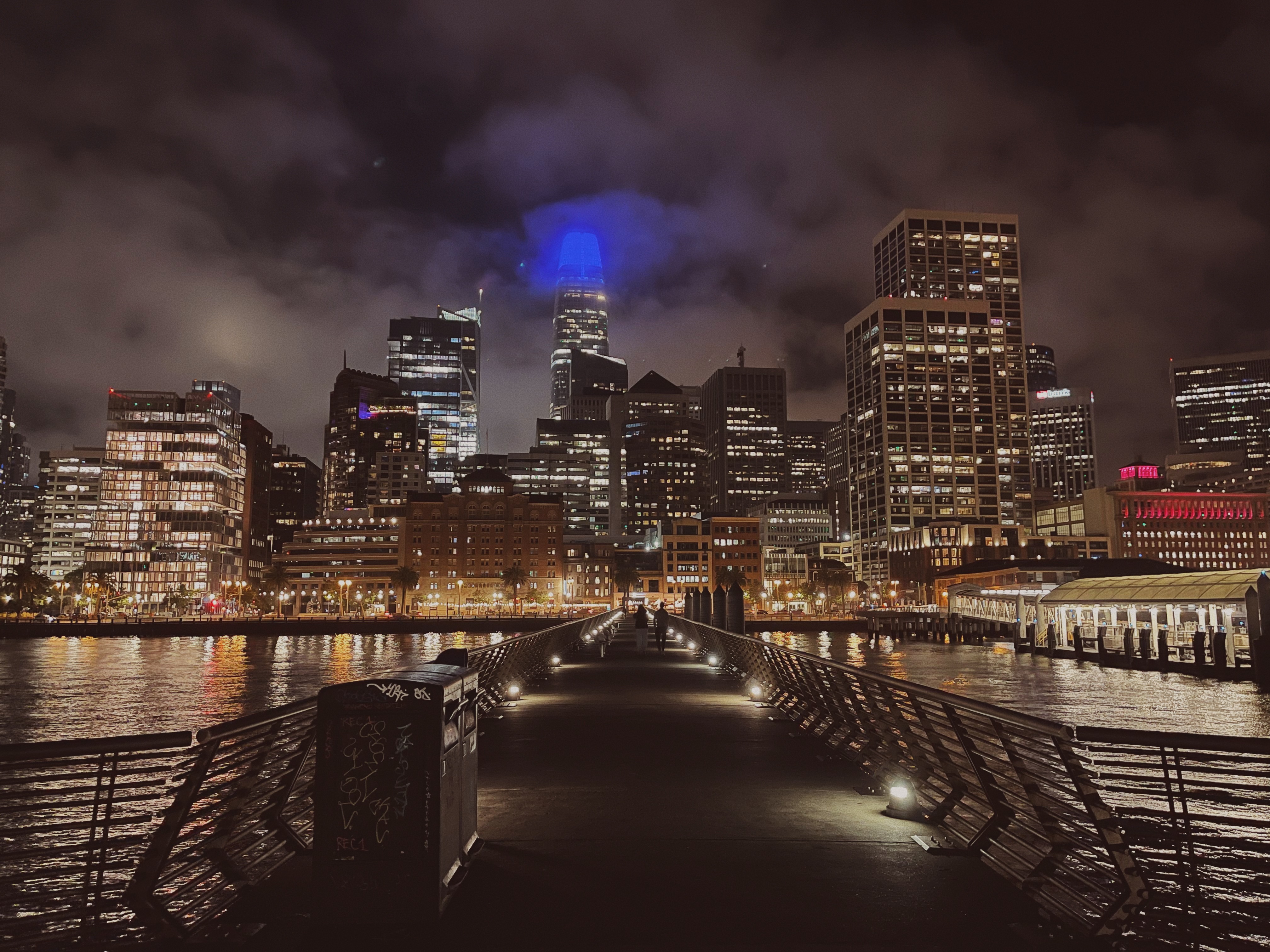 A wide shot of the San Francisco skyline as seen from Pier 14.